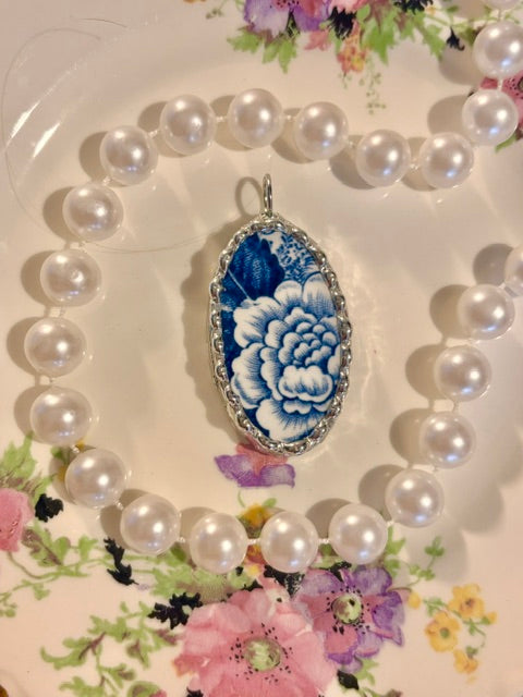 Blue & White Oval Floral Transferware